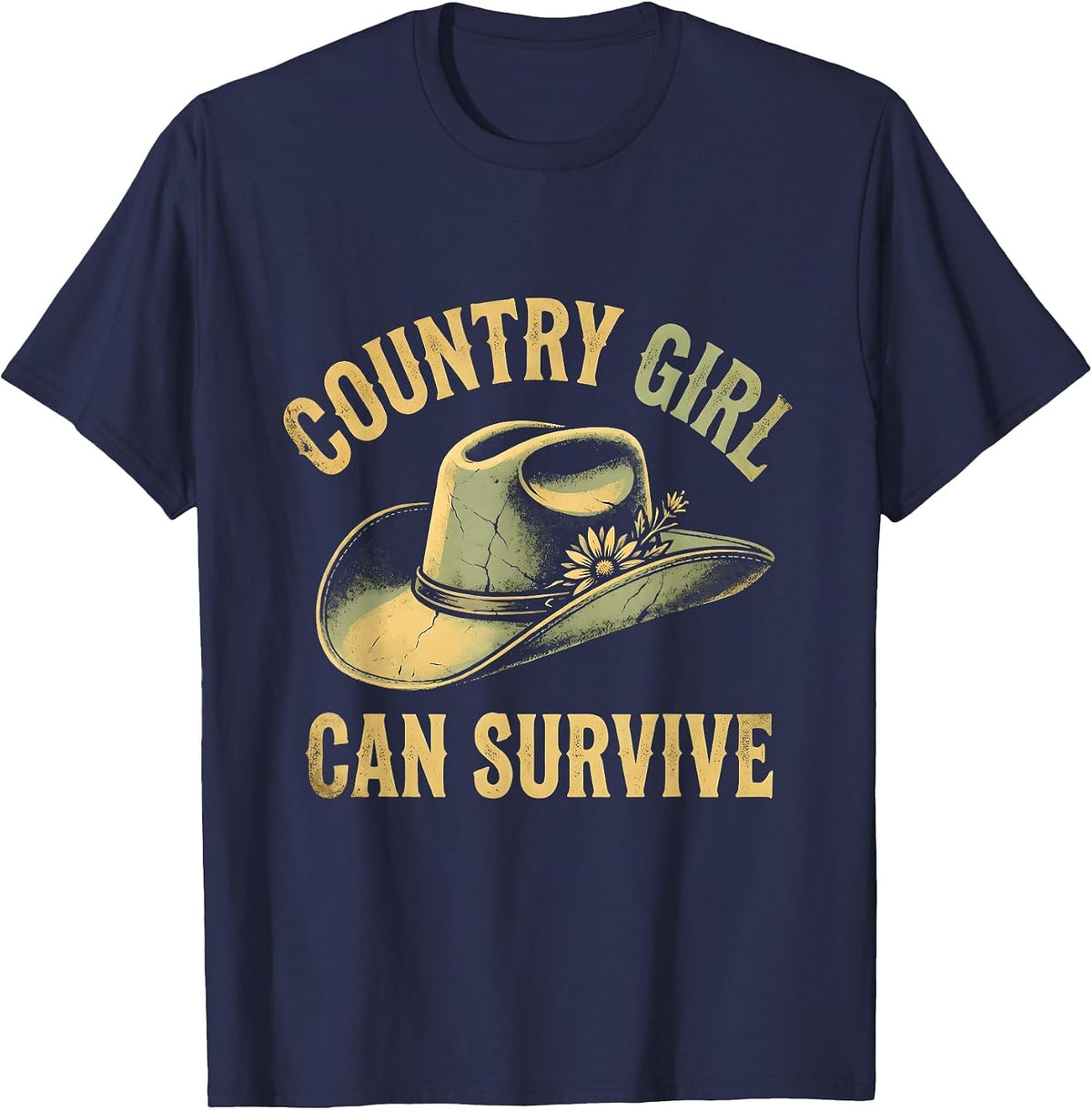 Country Girl Can Survive Cowgirl Design T-Shirt - Navy Blue