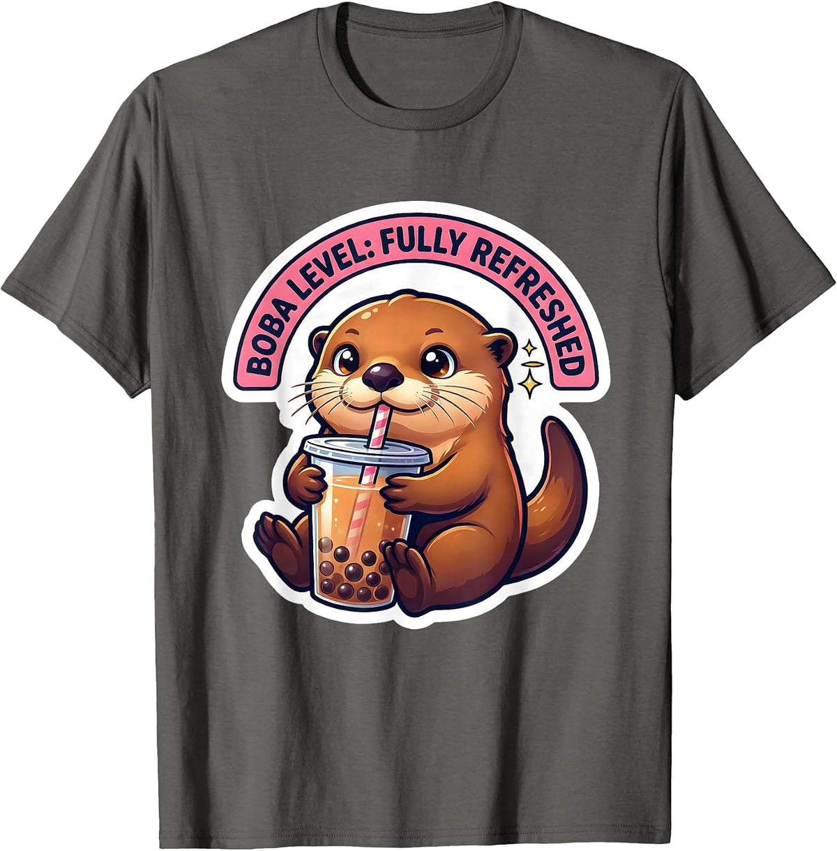 Men's Boba Level Fully Refreshed Kawaii Otter Boba Tea Lover T-Shirt - Asphalt Grey