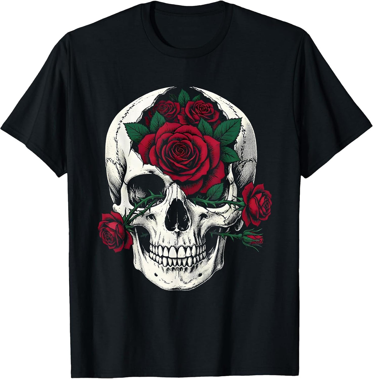 Men's Skull and Roses Rock and Roll Graphic Design T-Shirt - Black