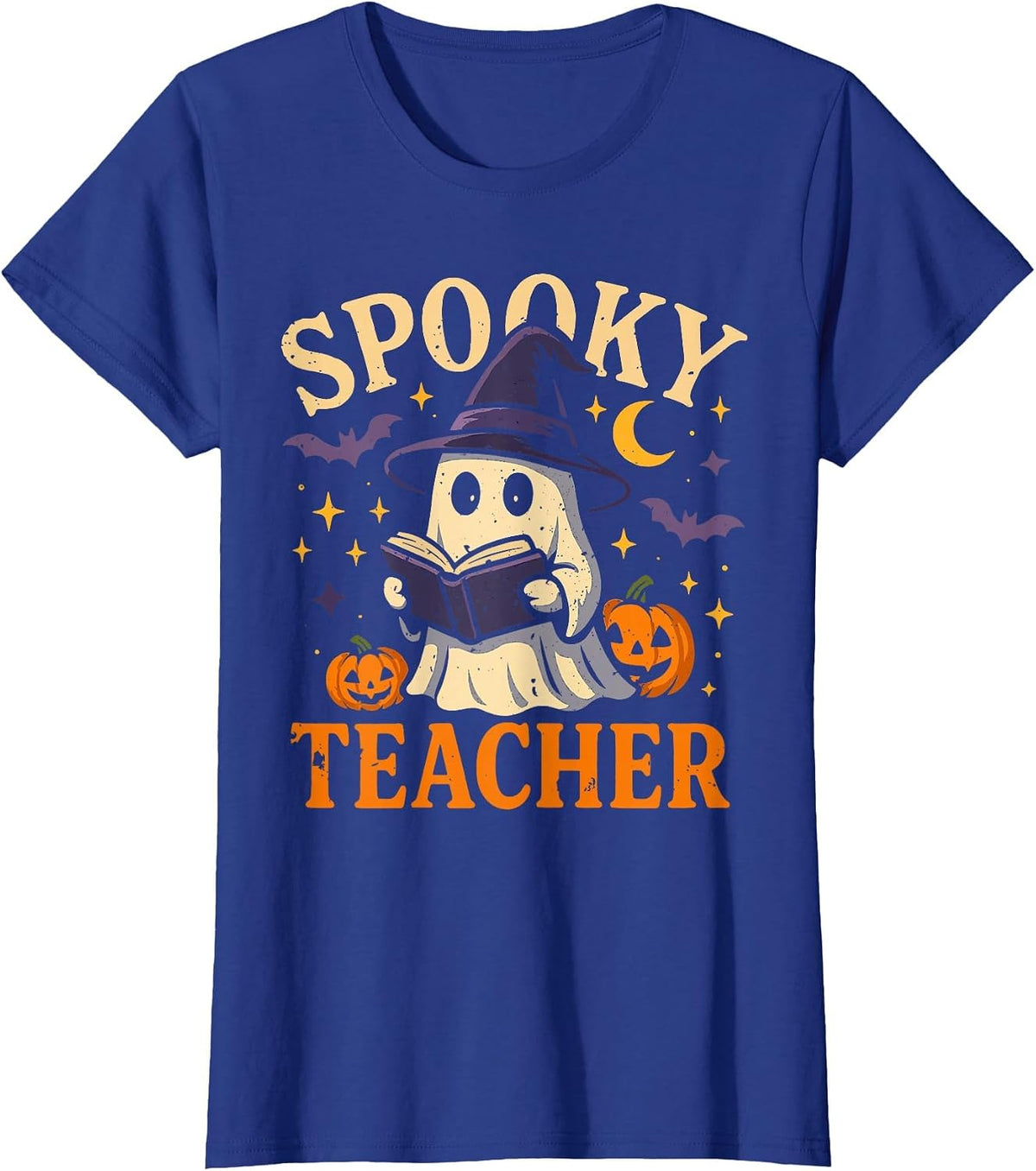 Spooky Teacher Halloween Cute Ghost Pumpkin Reading Women T-Shirt - Royal Blue