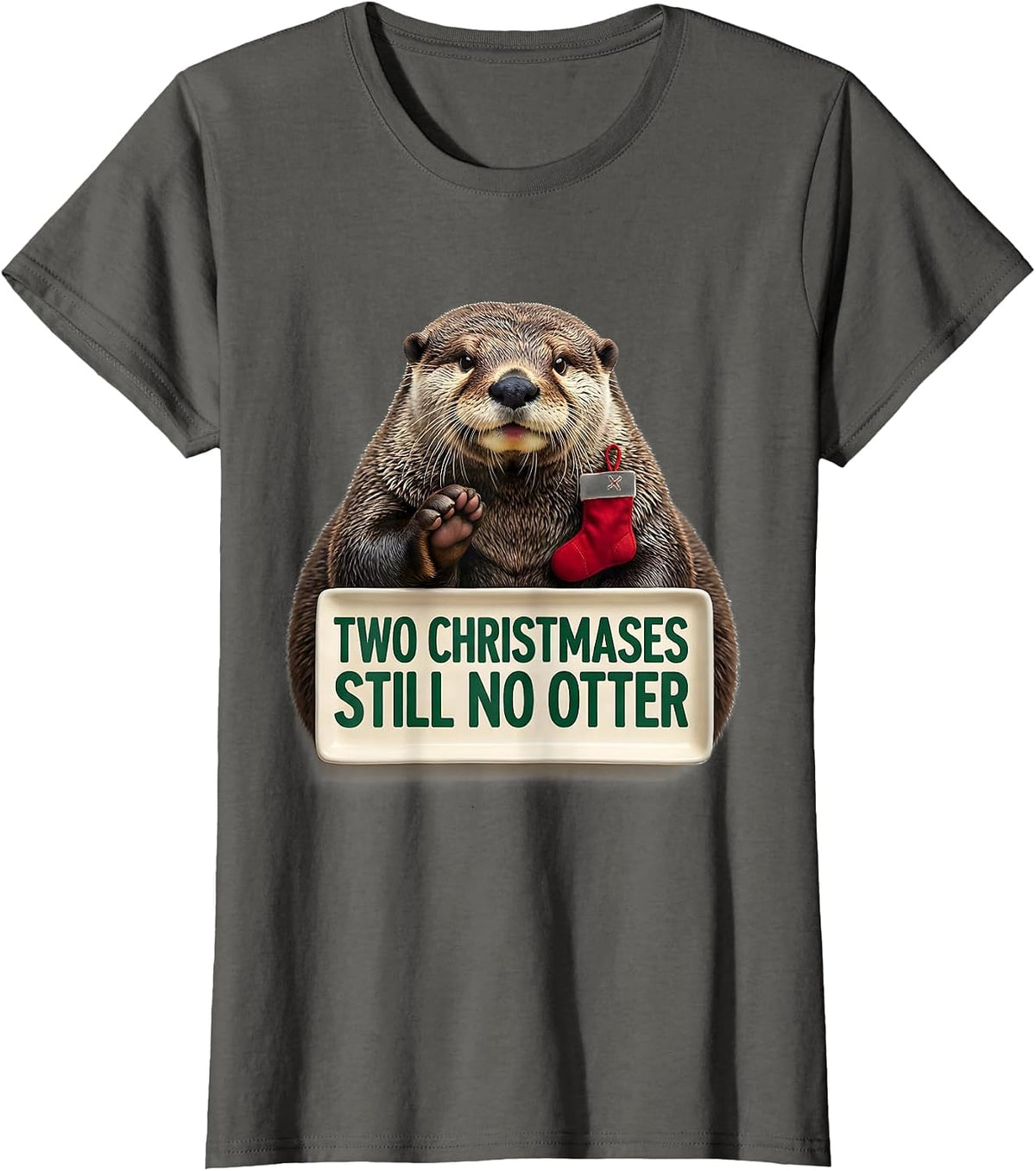 Women's Two Christmases Still No Otter Funny Ugly Christmas Otter T-Shirt - Asphalt Grey