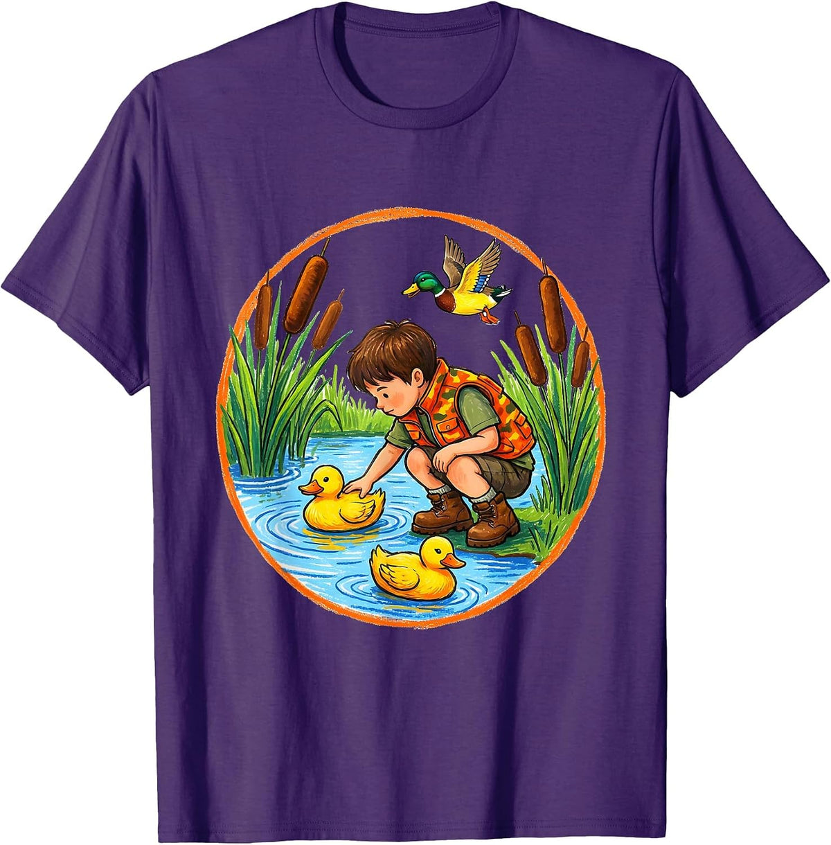 Men's Kids Duck Hunting Decoy Setup Illustration T-Shirt - Purple