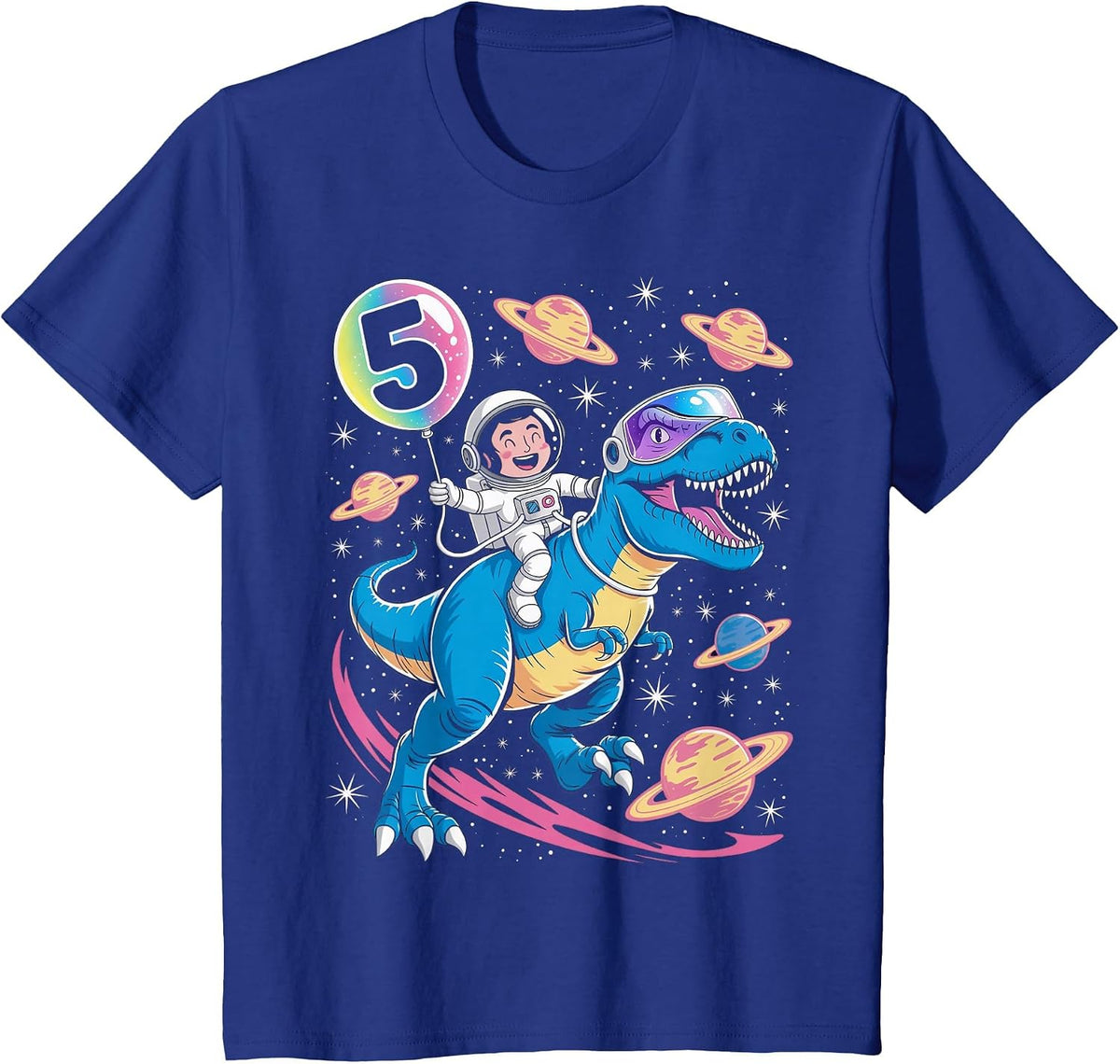 Astronaut Trex Dinosaur 5 Years Old Space Kids 5th Birthday T-Shirt - Royal Blue