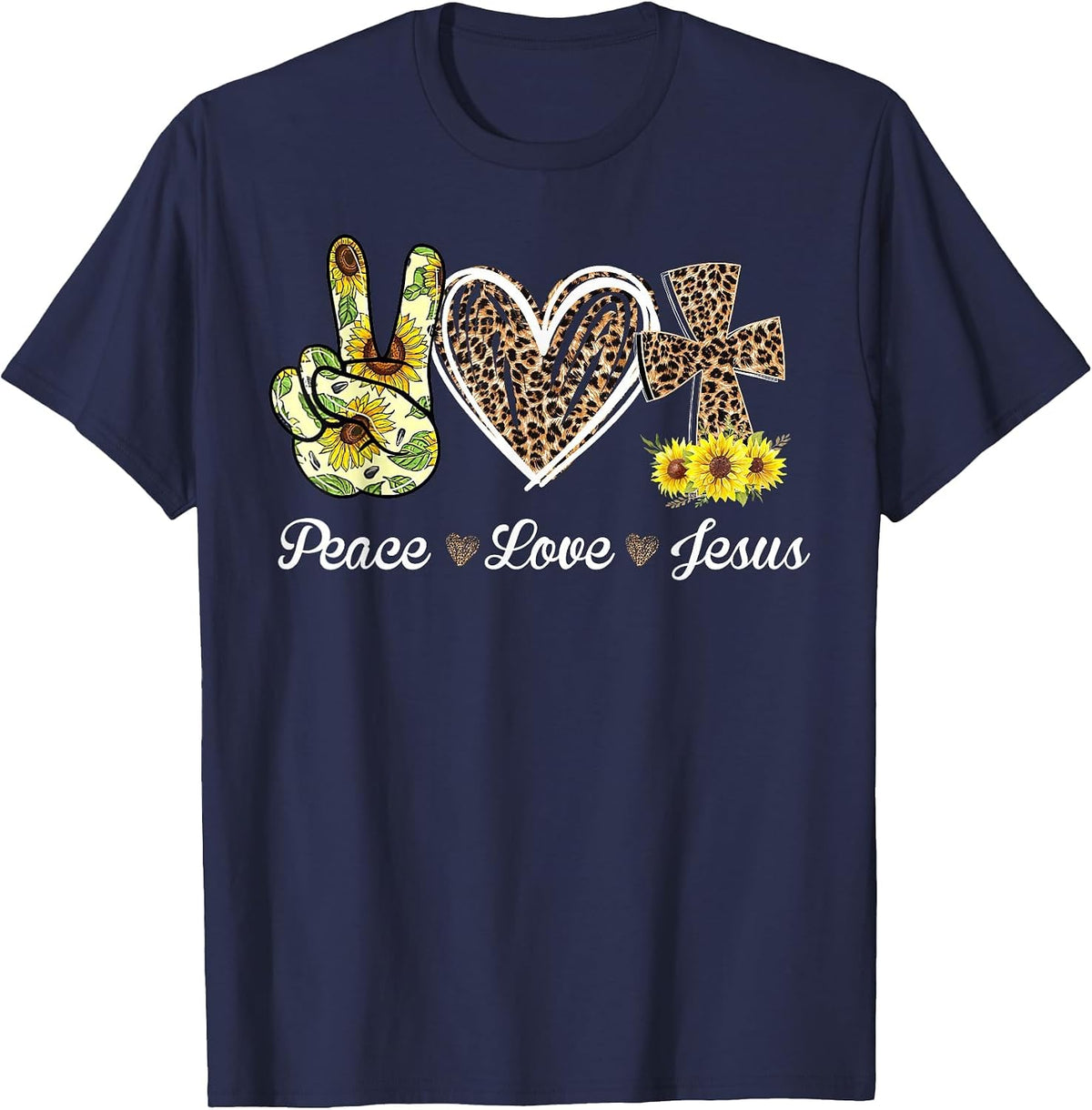 Leopard Peace Love Jesus Lovers Christ Cross Hippie T-Shirt - Navy Blue