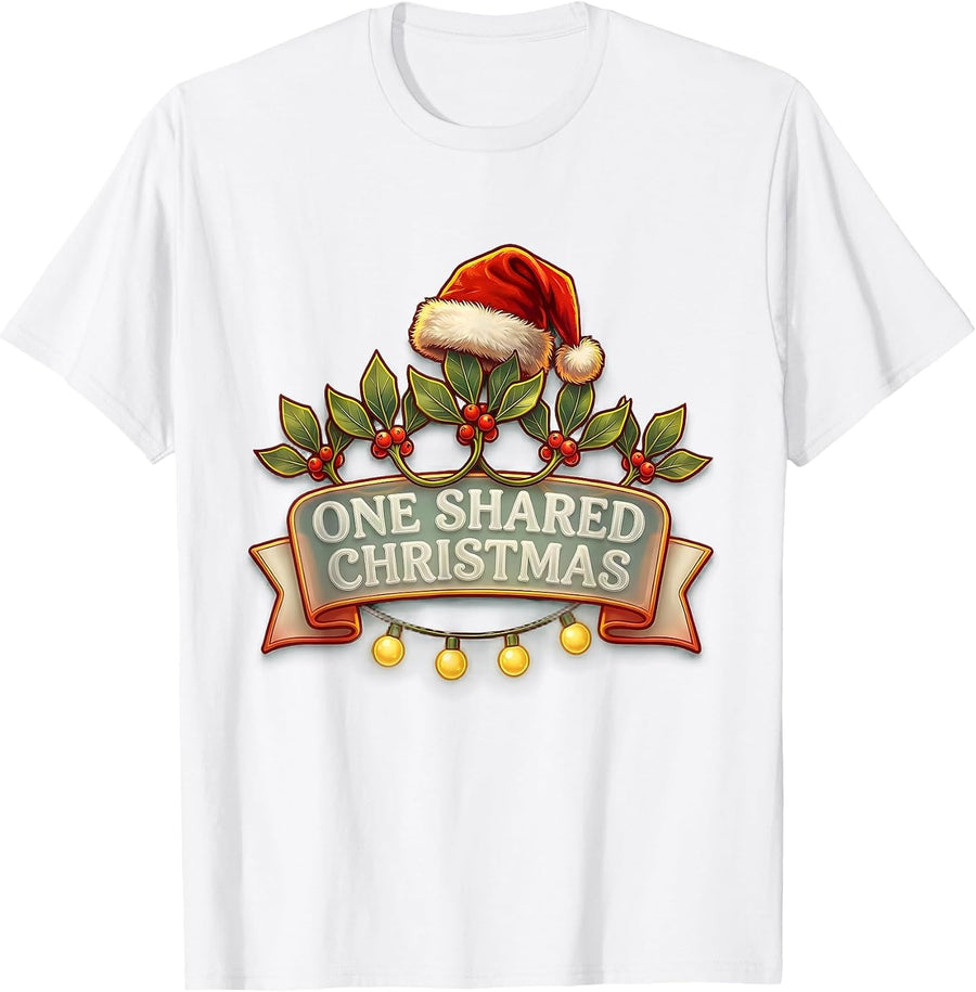 Men's One Shared Christmas Frosted Script Santa Hat Family T-Shirt - White