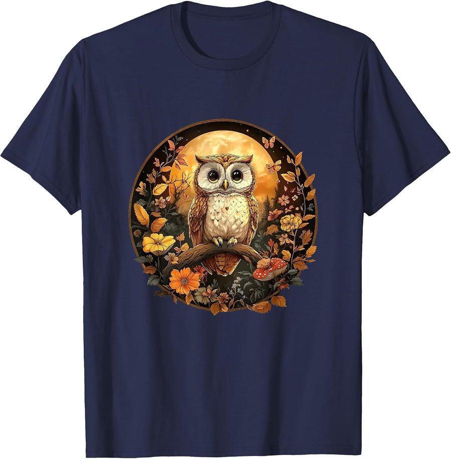 Cute Cottagecore Floral Owl Aesthetic Girls Women Graphic T-Shirt - Navy Blue