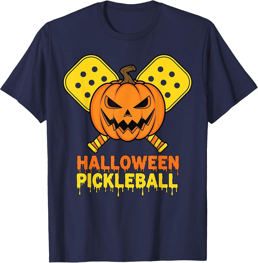 Halloween Pickleball Pumpkin Jack O Lantern Face T-Shirt - Navy Blue