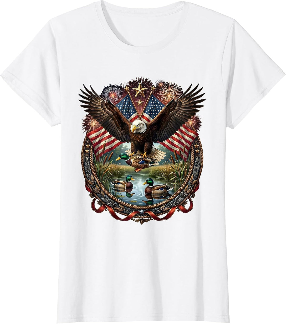 Women's Duck Decoys on Glassy Marsh Water Hunting Camo T-Shirt - White