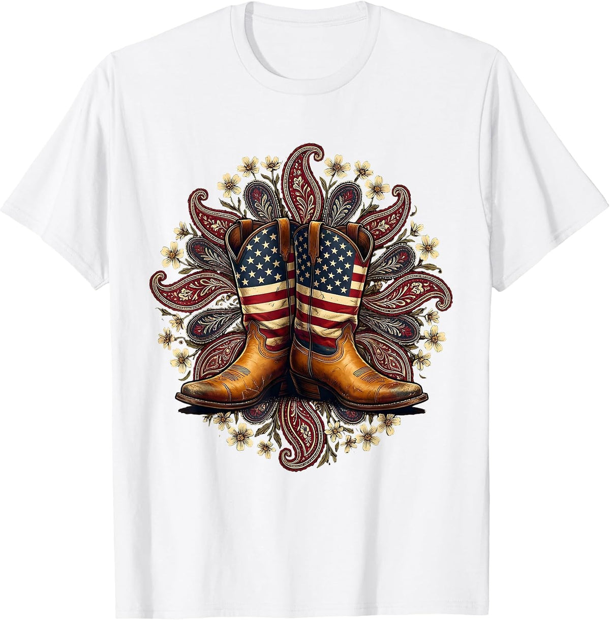 Men's Cowgirl Boots Floral Paisley Western Design T-Shirt - White