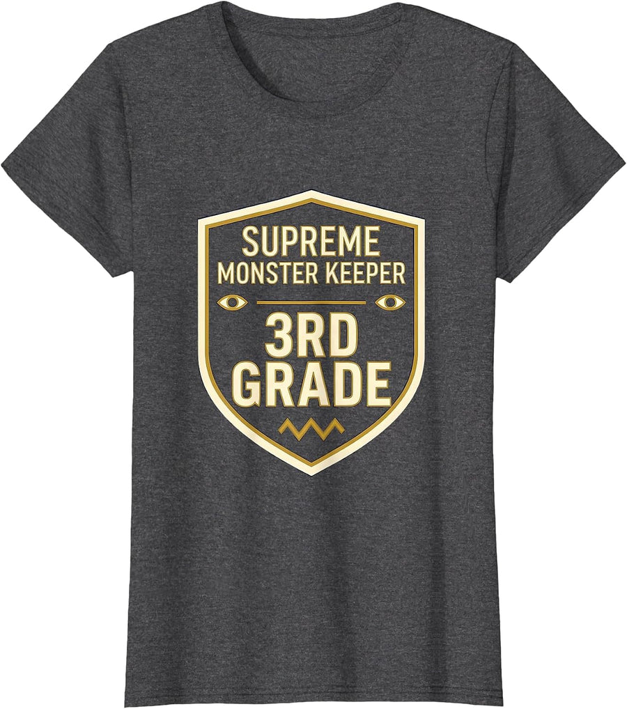 Women's Supreme Monster Keeper 3rd Grade Teacher Halloween Humor T-Shirt - Dark Heather Grey