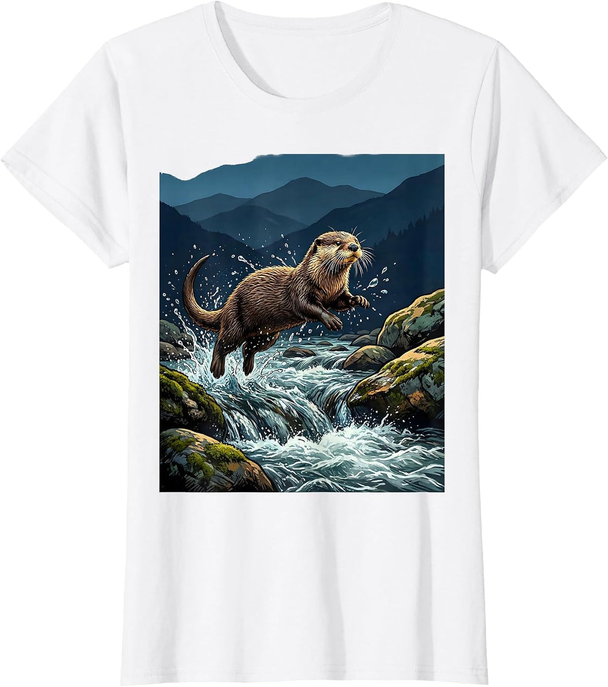 North Carolina River Otter Mountain Stream Design T-Shirt - White