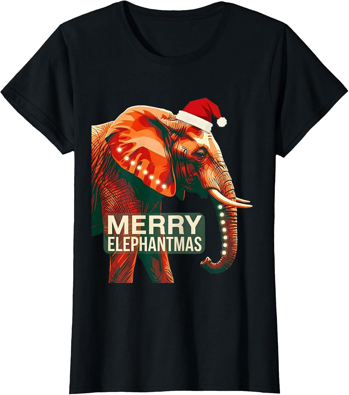 Women's Merry Elephantmas Screenprint Poster Whimsical Animal Lover T-Shirt - Black