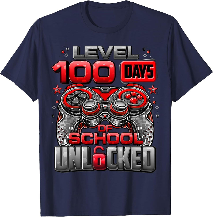 Level 100 Days of School Unlocked Boys 100th Day of School T-Shirt - Navy Blue