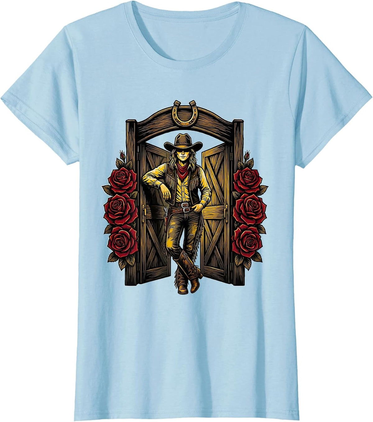 Cowgirl Leaning on Saloon Door Graphic T-Shirt - Baby Blue