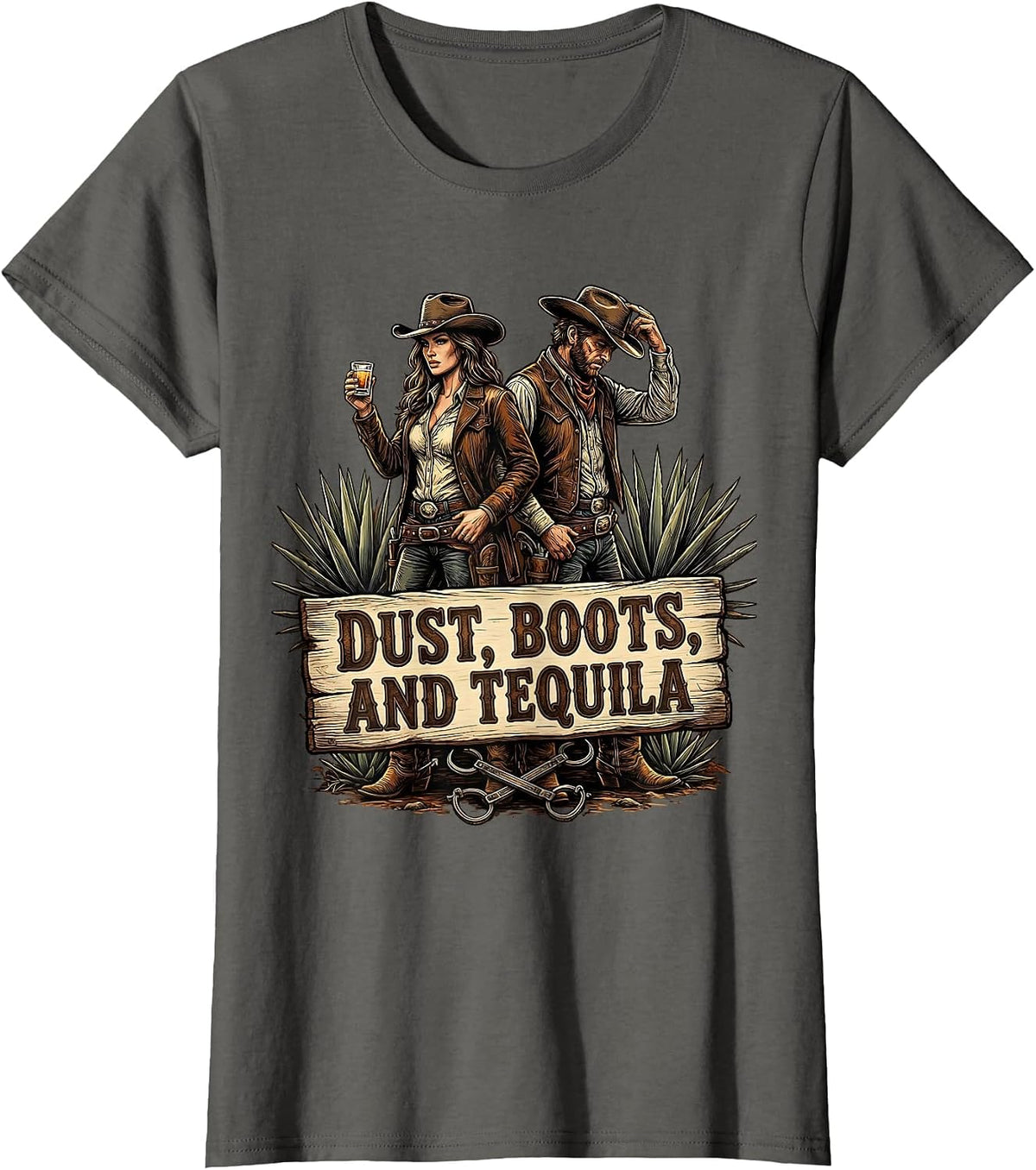 Women's Dust Boots and Tequila Cowboy Western Design T-Shirt - Asphalt Grey