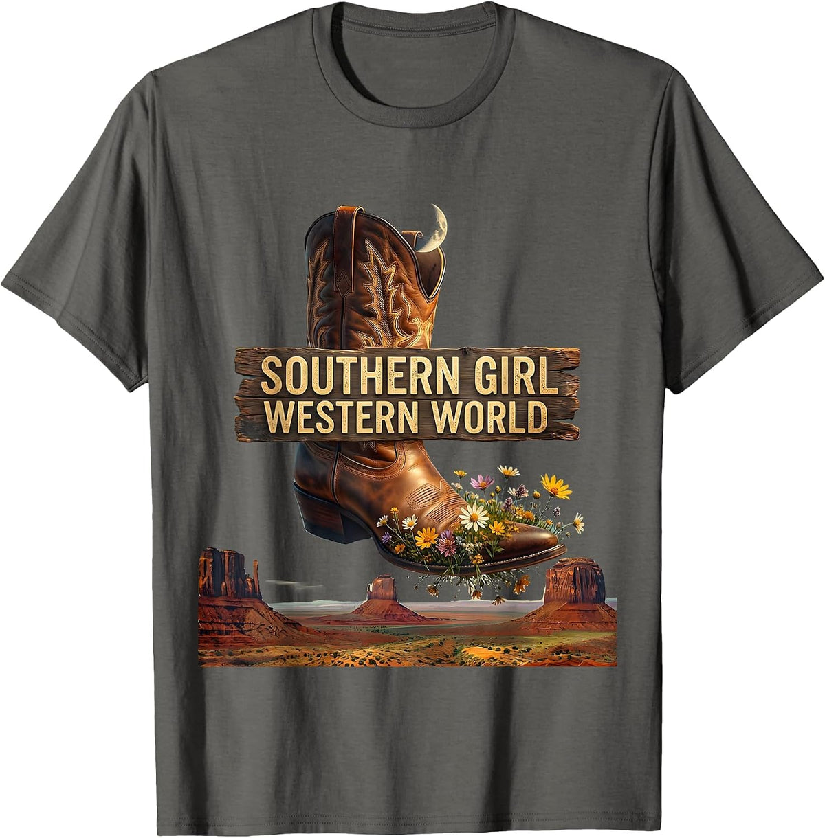 Southern Girl Western World Womens Country Design T-Shirt - Asphalt Grey