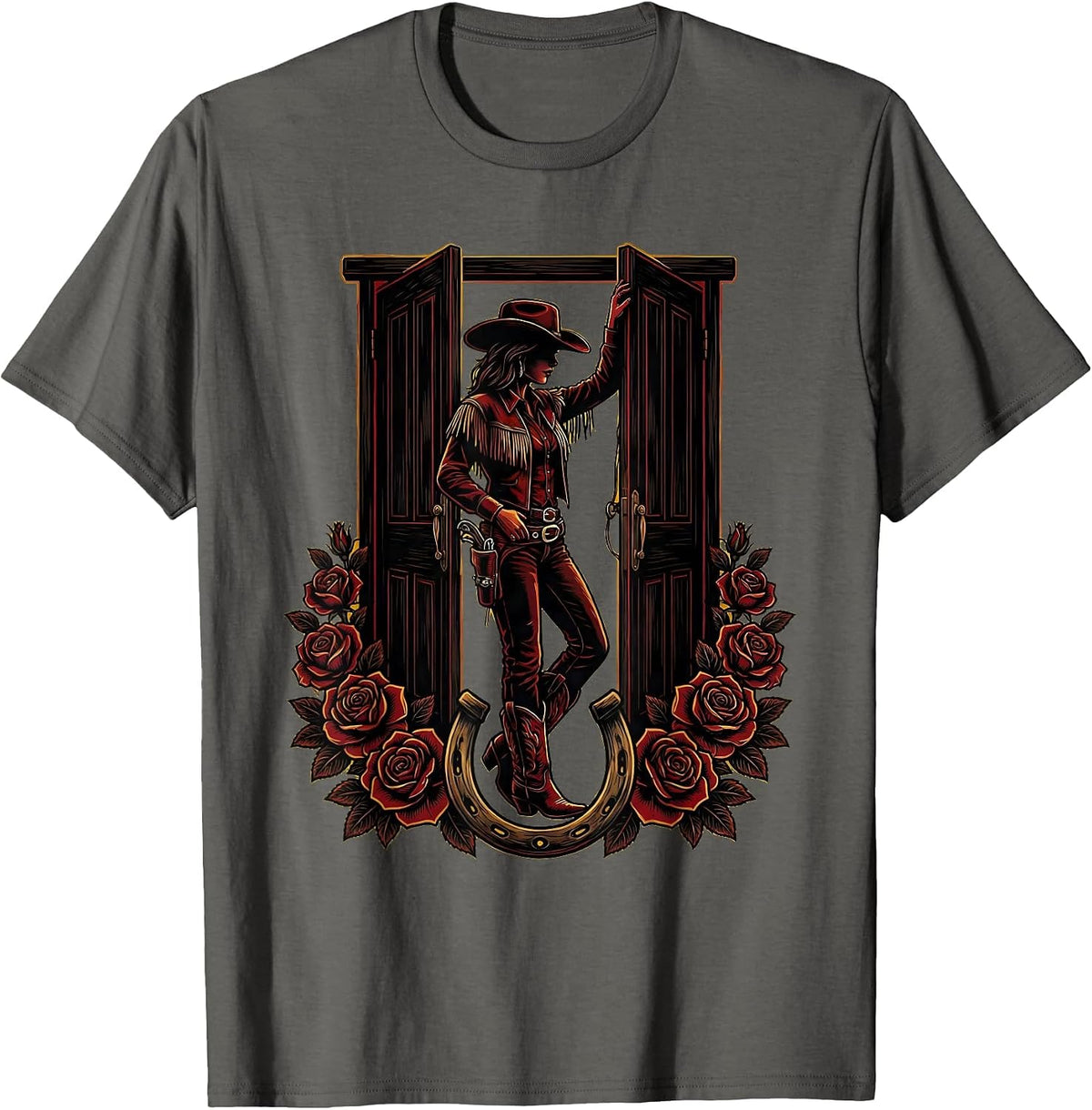 Cowgirl Leaning Against Saloon Door Graphic T-Shirt - Asphalt Grey