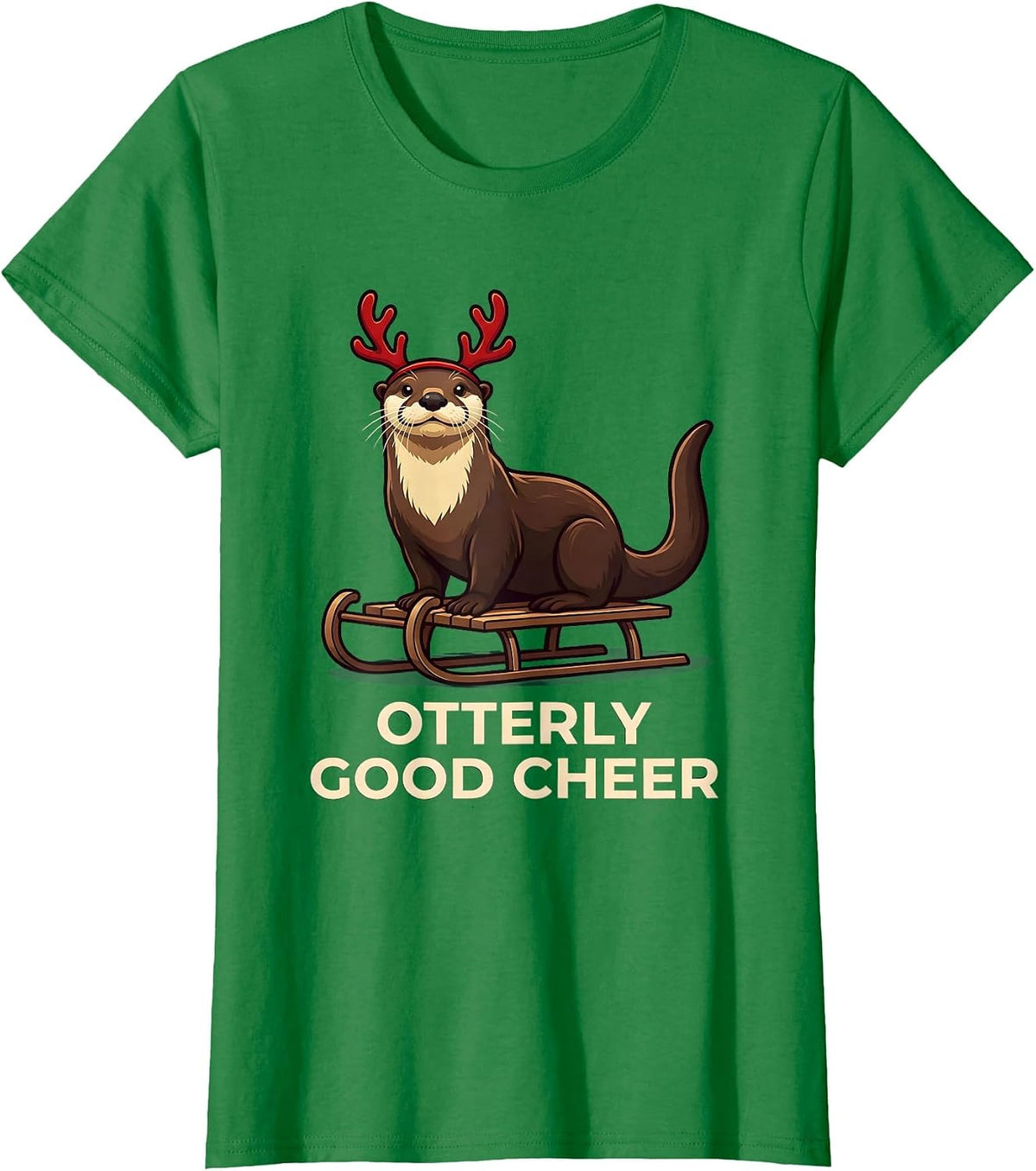 Women's Otterly Good Cheer Funny Otter Christmas Pajama Animal Lover T-Shirt - Kelly Green