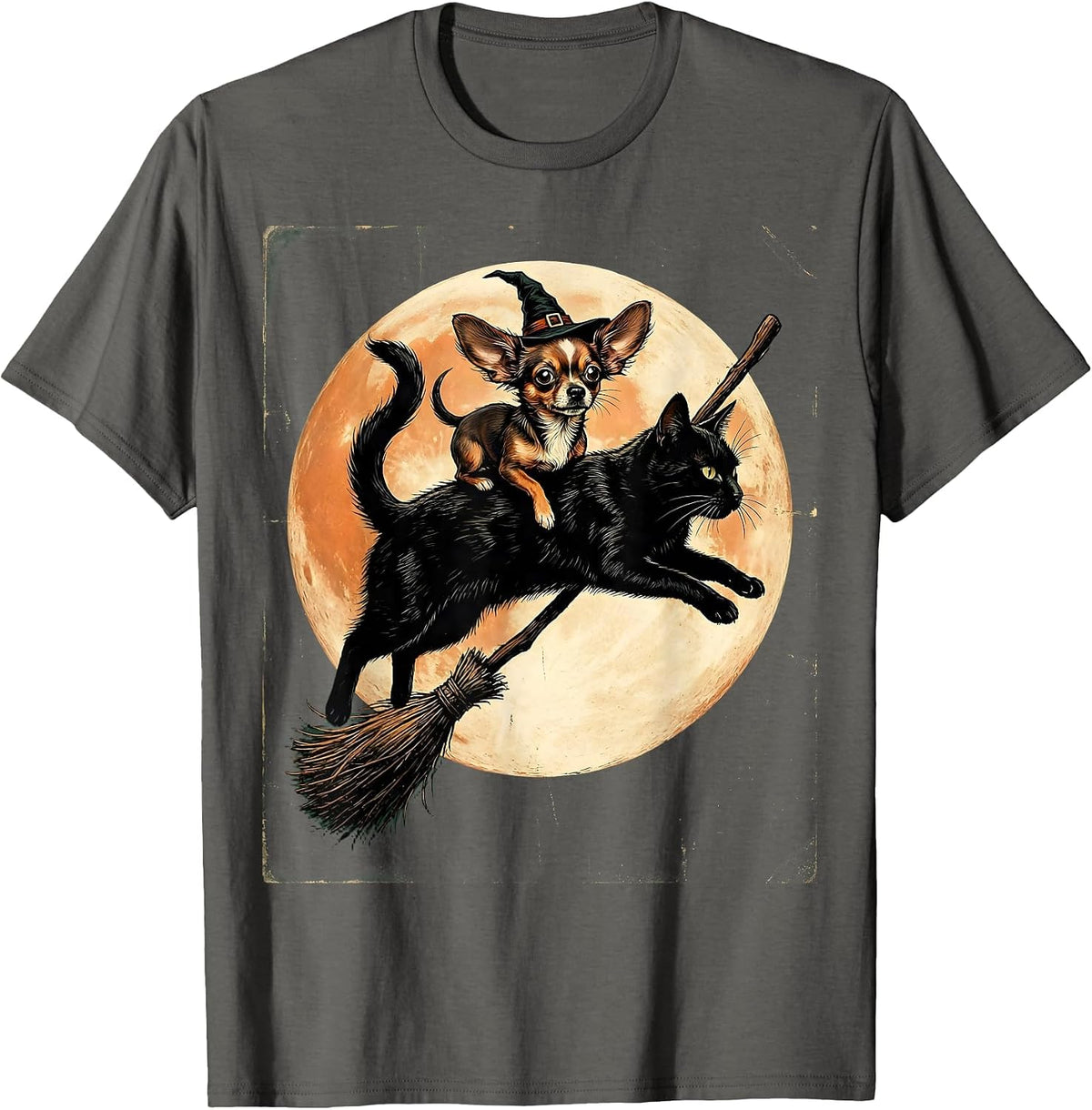 Men's Halloween Chihuahua Riding Giant Black Cat Broom T-Shirt - Asphalt Grey