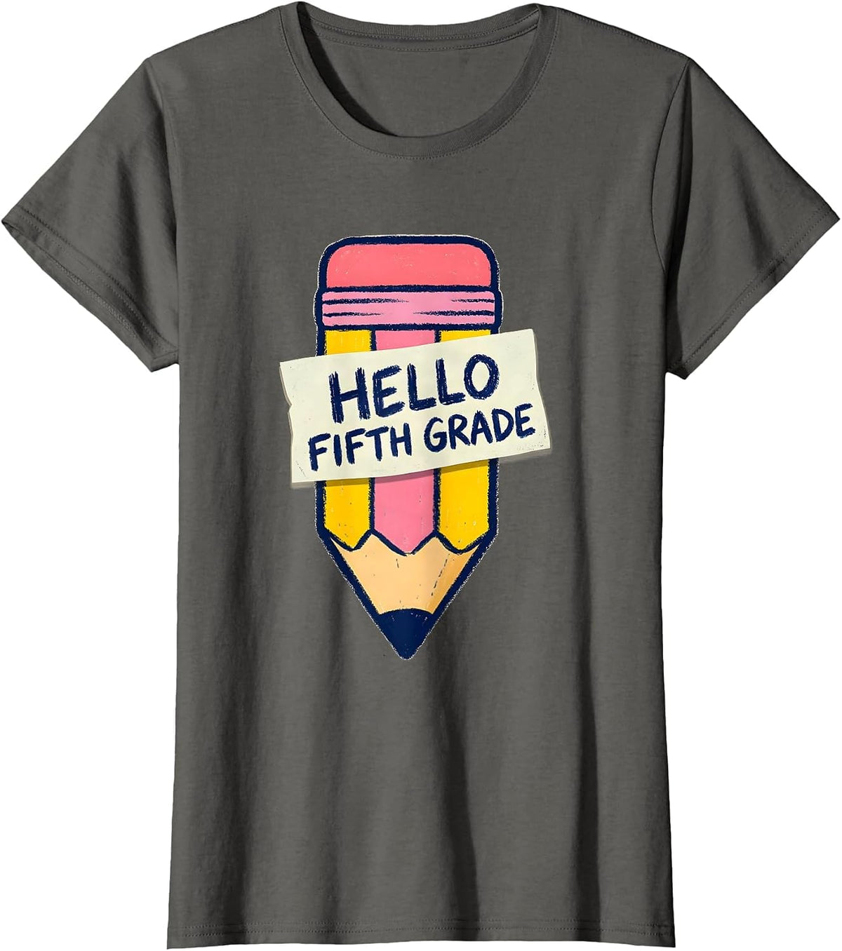 Women's Hello Fifth Grade Naive Kidcore Cute Back to School Pencil T-Shirt - Asphalt Grey