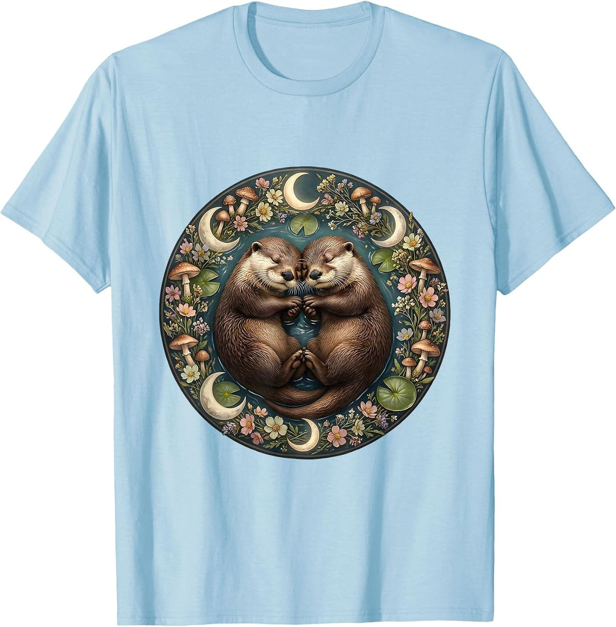 Men's Sleeping Otters Holding Hands Cute Wildlife Art T-Shirt - Baby Blue