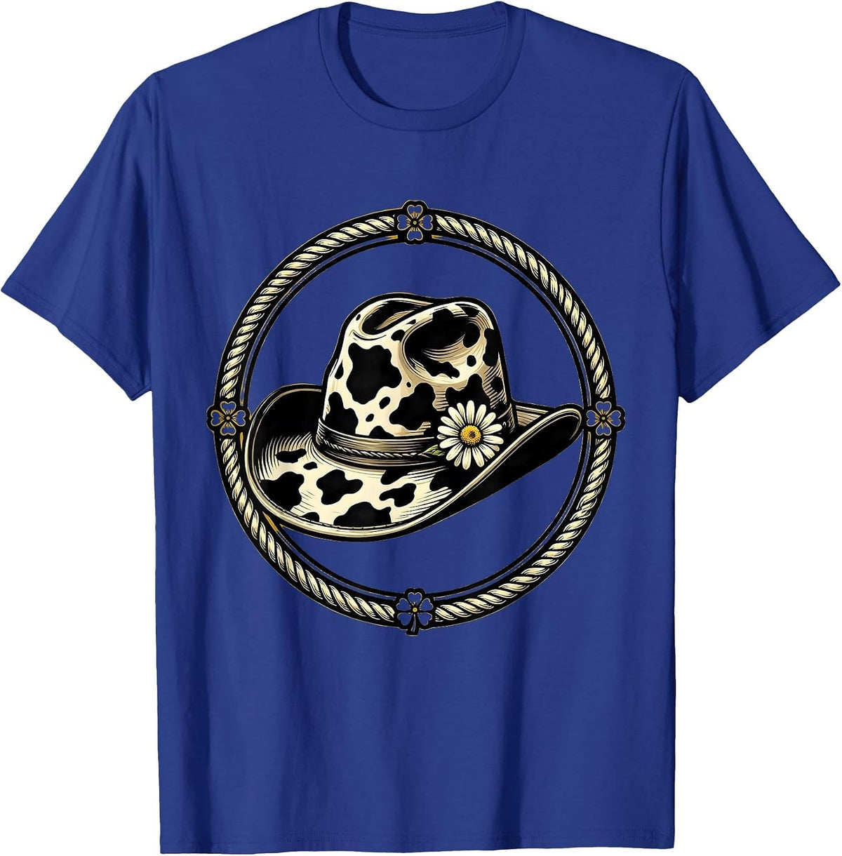 Men's Cow Print Cowboy Hat With Daisy Illustration T-Shirt - Royal Blue