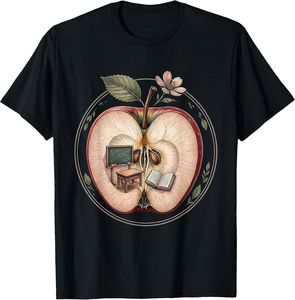 Men's Apple Classroom Illustration Elementary Teacher Gift T-Shirt - Black