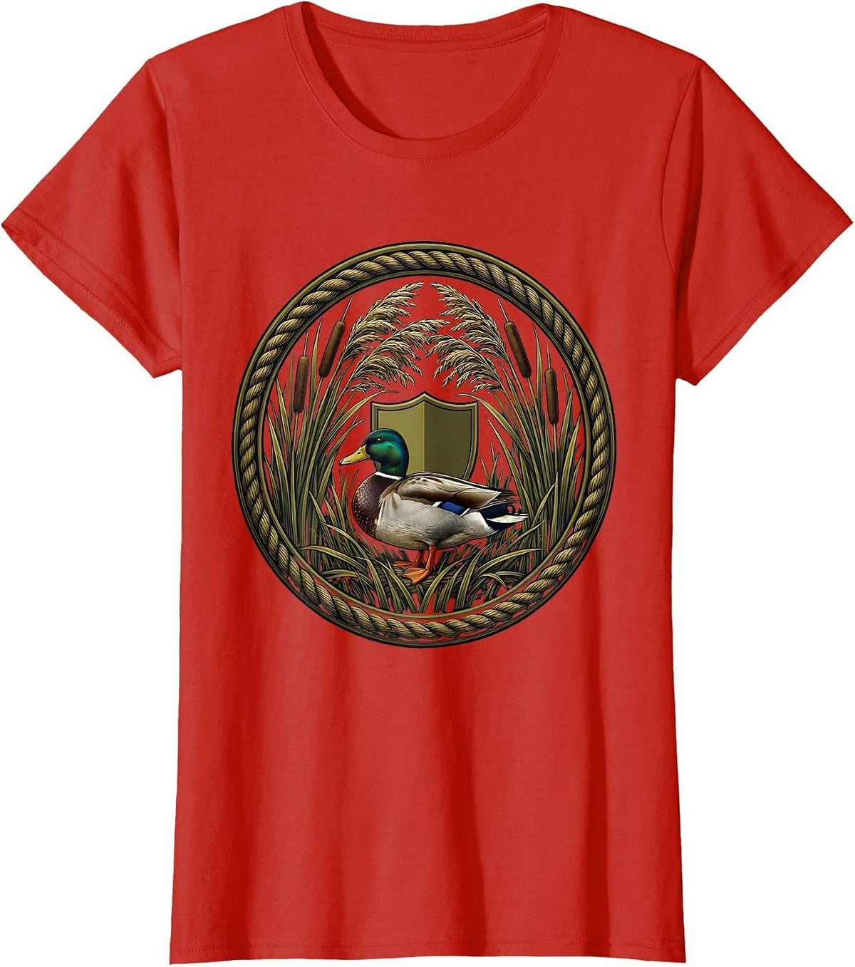 Women's Duck Blind Cattails Hidden Hunting Illustration T-Shirt - Red