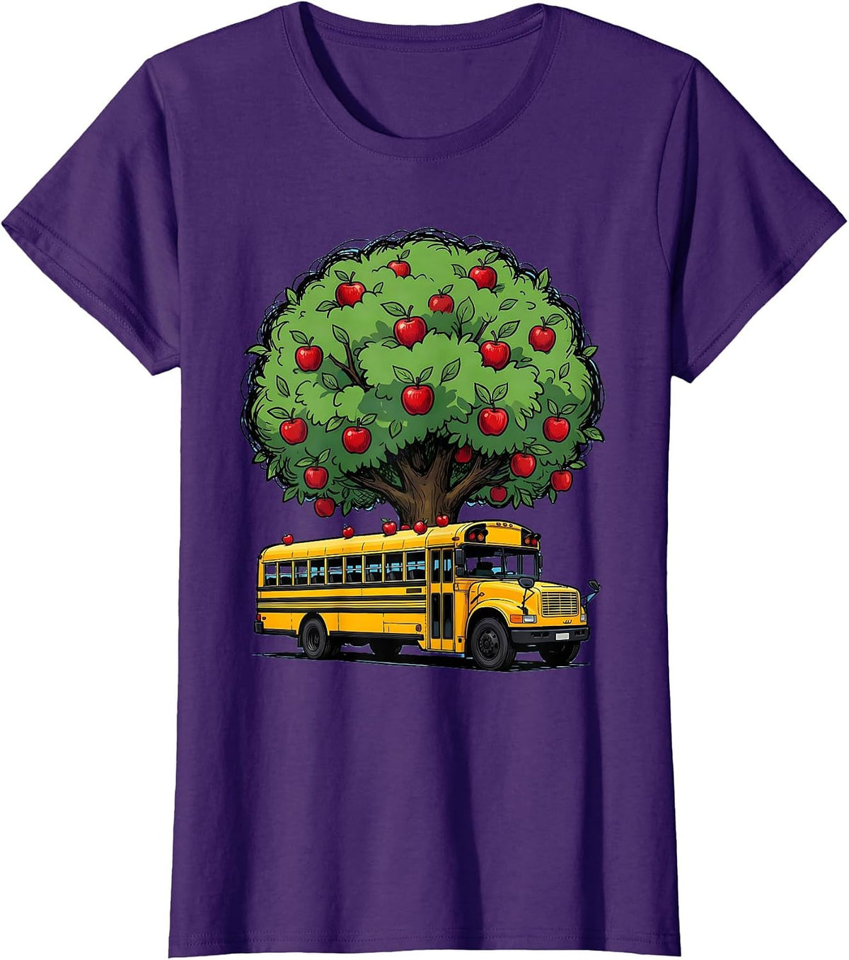 Women's Elementary Teacher Apple Tree School Bus Graphic T-Shirt - Purple
