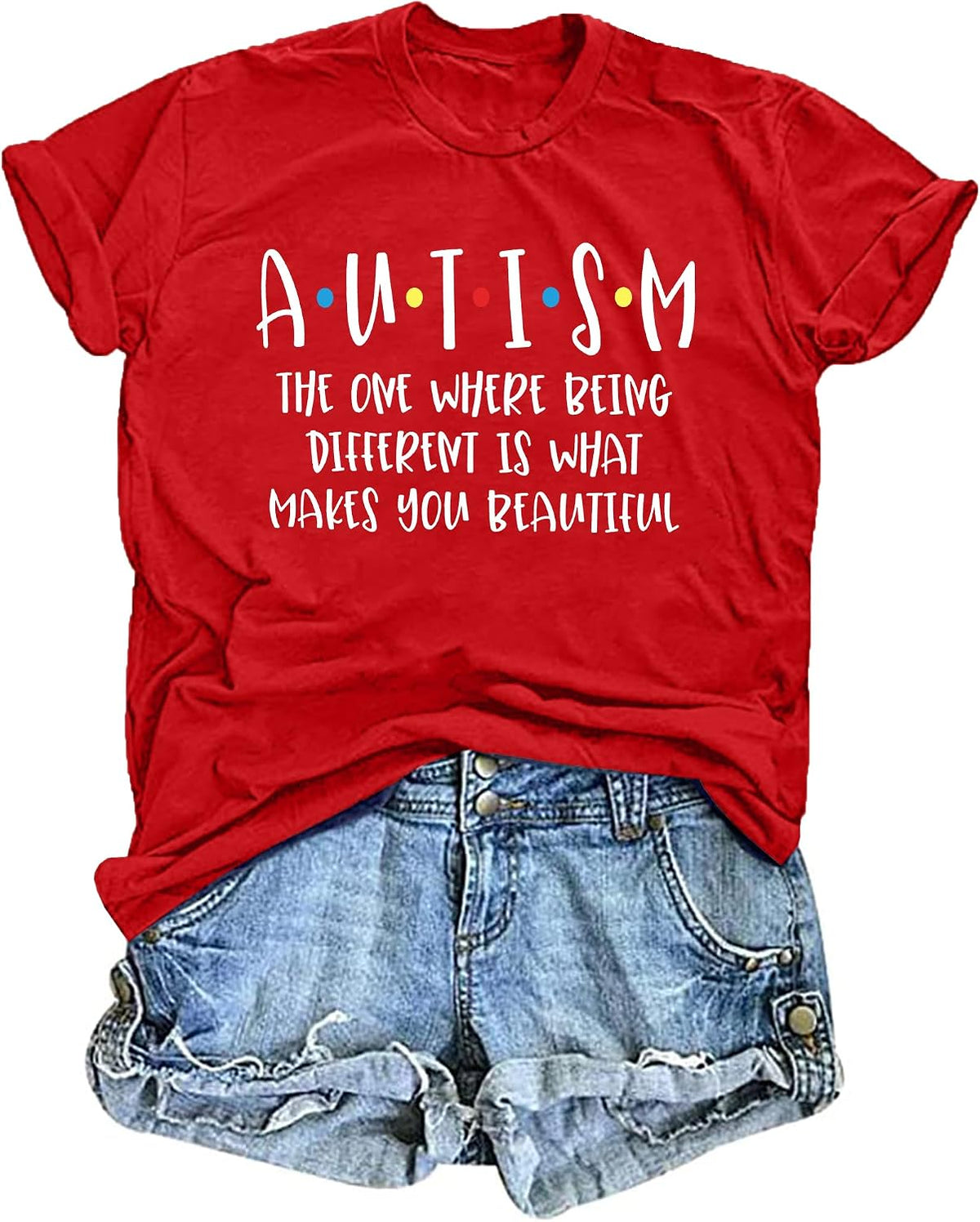 Autism Awareness Shirts Women Autism T Shirt Autistic Acceptance Tee Casual Inspirational Tops - Red