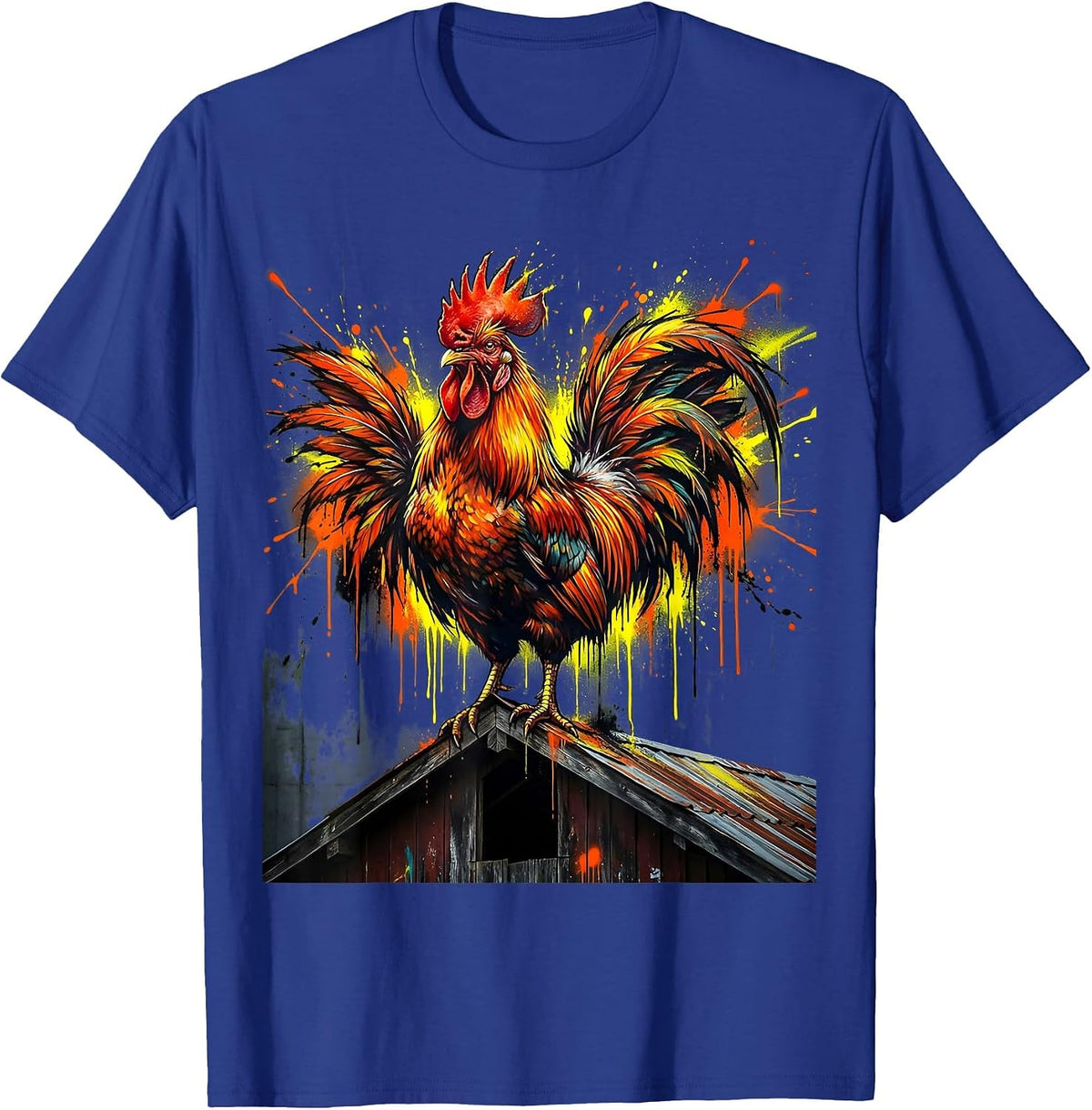 Proud Rooster on Barn Rooftop Illustration T-Shirt - Royal Blue