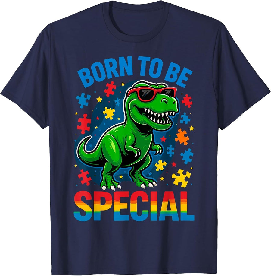 Autism Awareness Trex Puzzle Dino T-Shirt - Navy Blue