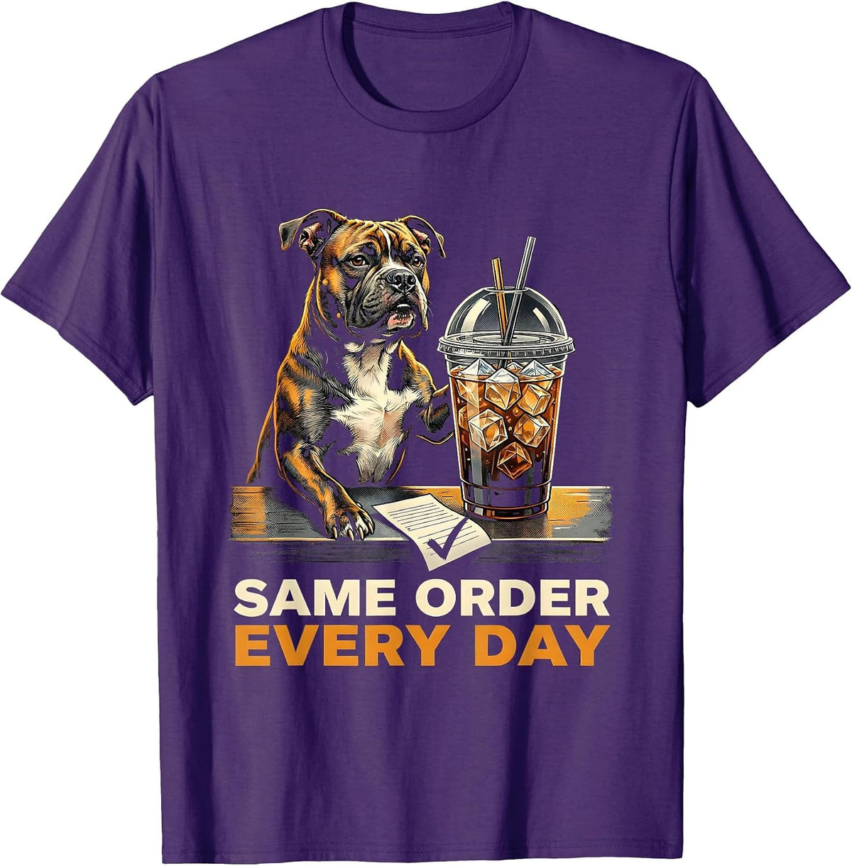 Men's Same Order Every Day Funny Pitbull Drinking Iced Coffee Dog T-Shirt - Purple