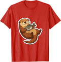 Men's Otter Floating On Back Holding Fish Illustration T-Shirt - Red