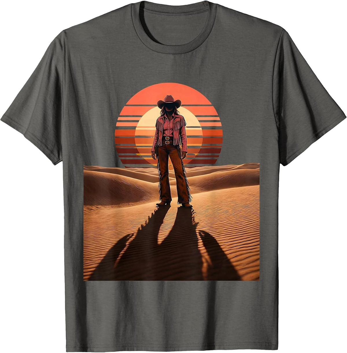 Men's Pink Cowgirl Long Shadow Desert Sand Graphic T-Shirt - Asphalt Grey