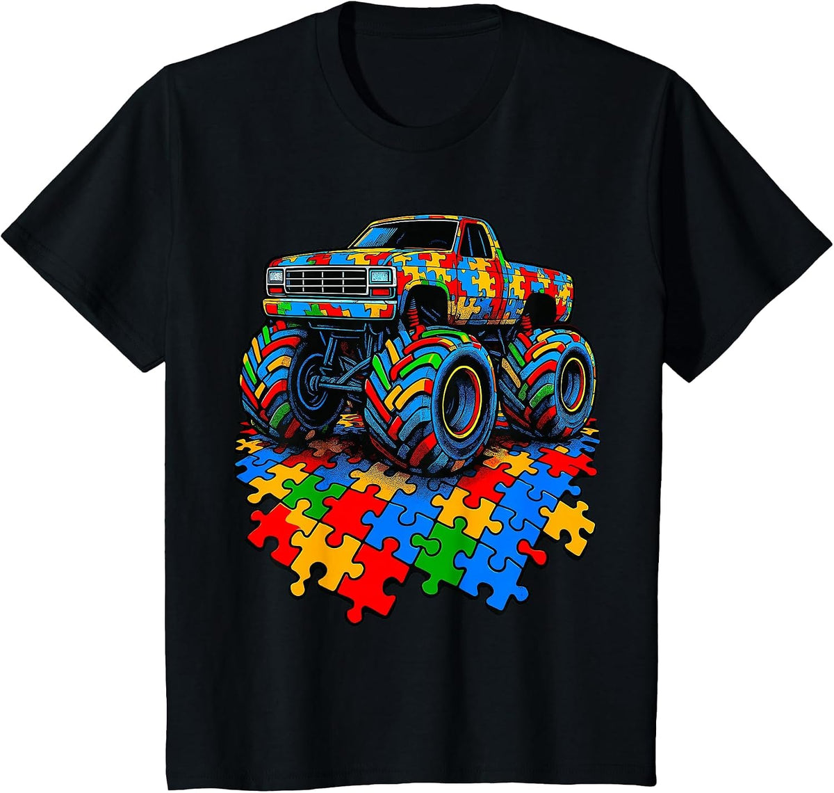 Autism Awareness Monster Truck Puzzle T-Shirt - Black
