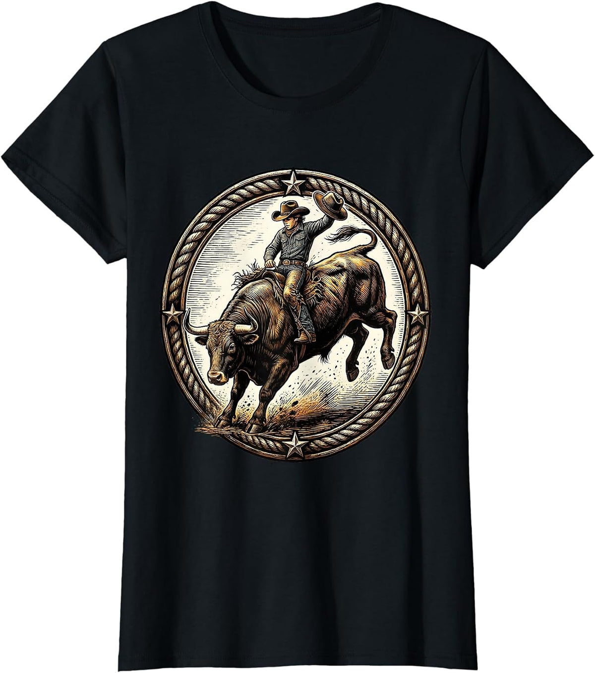 Boys Young Cowboy Riding a Bucking Bull T-Shirt - Black