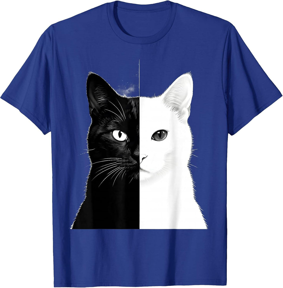 Cat Face Day and Night Split Illustration T-Shirt - Royal Blue