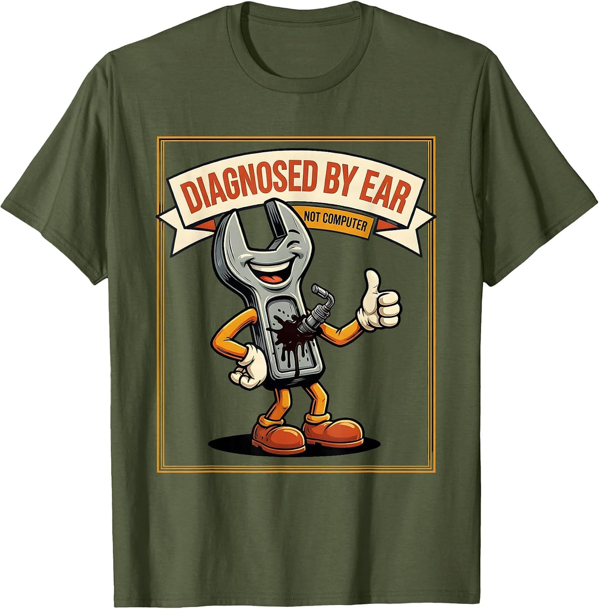 Diagnosed By Ear, Not Computer Funny Trucker Diesel Mechanic T-Shirt - Olive Green