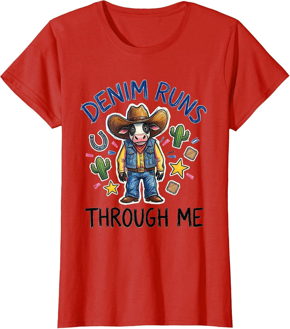 Denim Runs Through Me Cowgirl Design T-Shirt - Red