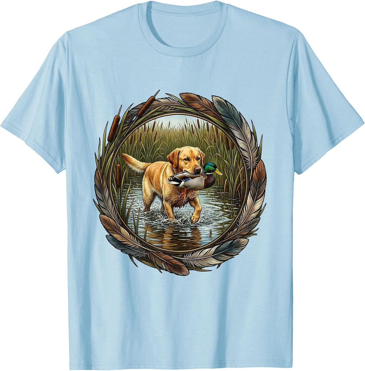 Men's Duck Camo Hunting Dog Retrieving Marsh Scene T-Shirt - Baby Blue