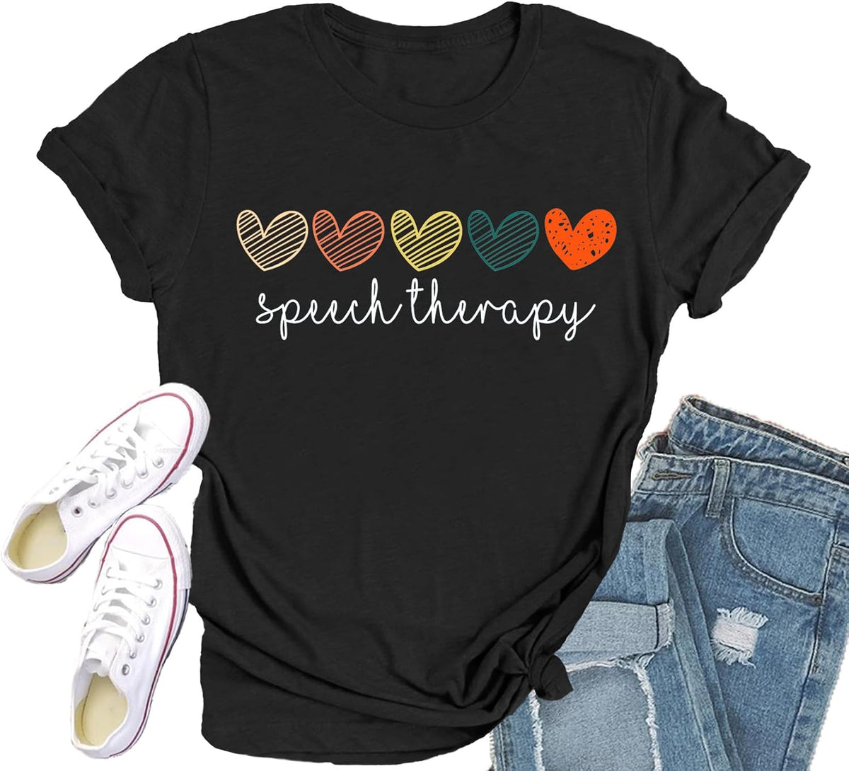 Speech Therapy Shirt for Women Speech Language Pathologist T-Shirts Cute Hearts Tee Tops - Black