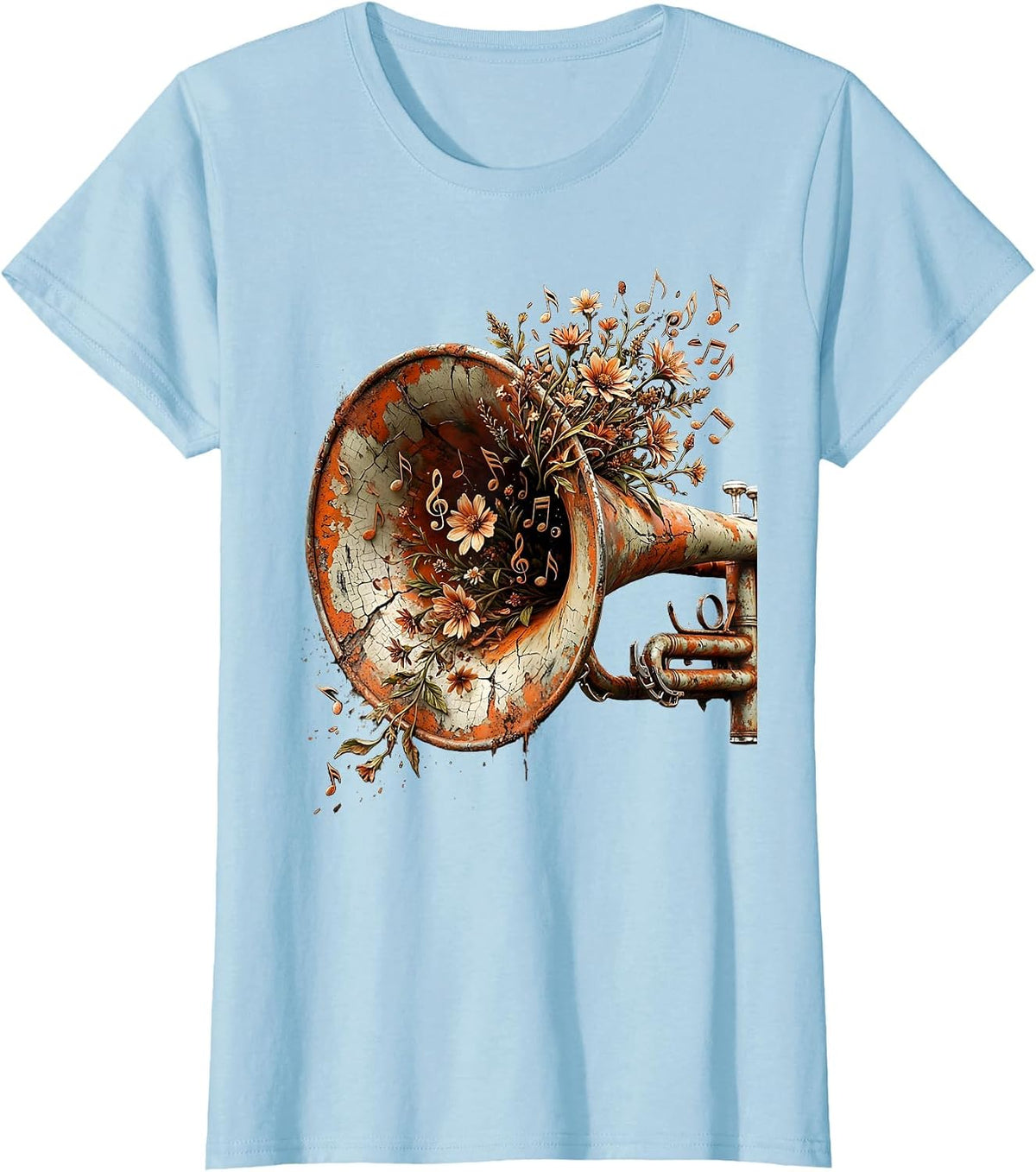 Trumpet Floral Notes Musical Bloom Design T-Shirt - Baby Blue