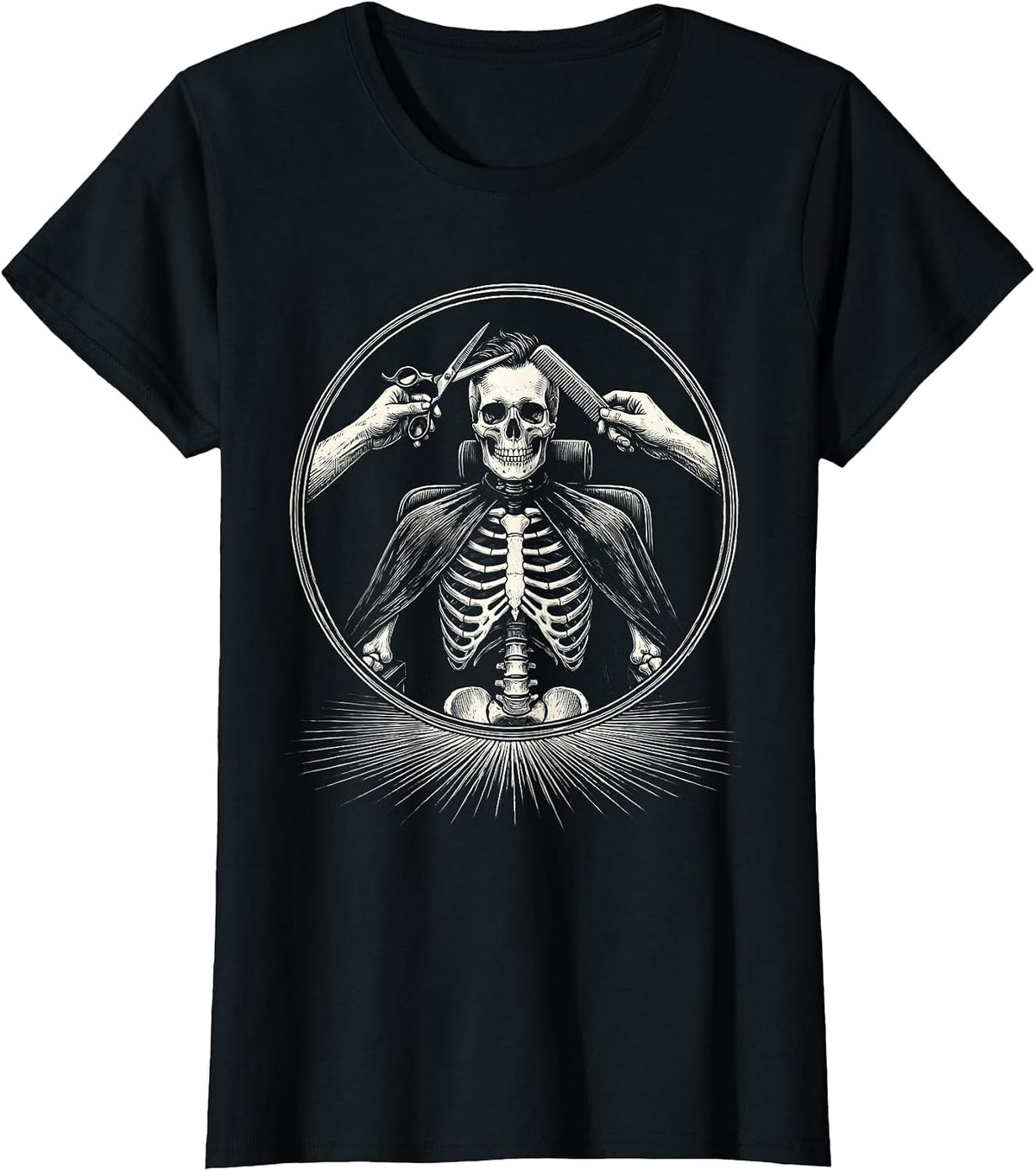 Skeleton Barber Chair Gothic Hairstylist Halloween Humor T-Shirt - Black
