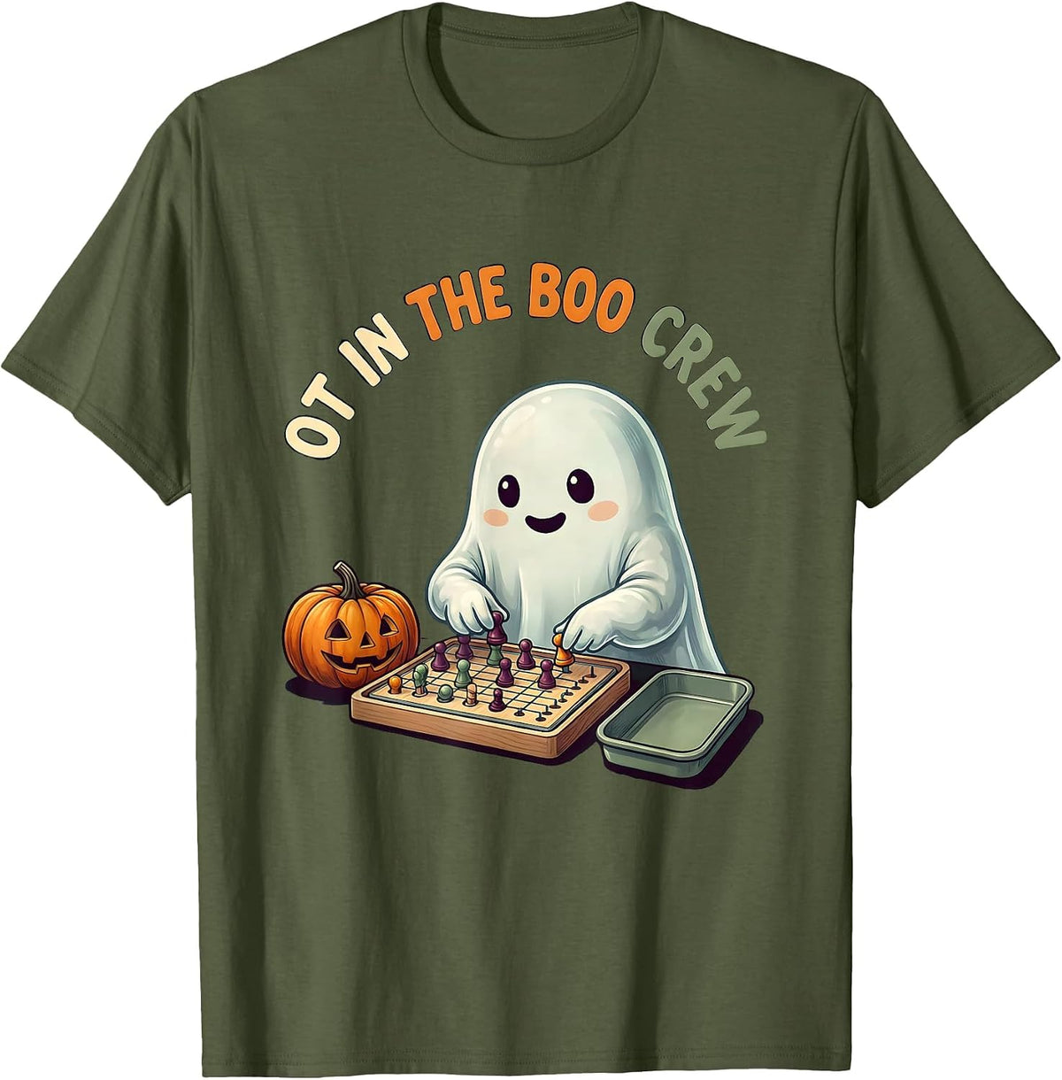 Men's OT in the Boo Crew Cute Ghost Occupational Therapy Halloween T-Shirt - Olive Green