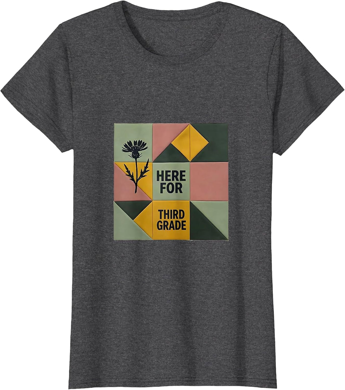 Women's Here For Third Grade Quilt Block Patchwork Teacher Gift T-Shirt - Dark Heather Grey