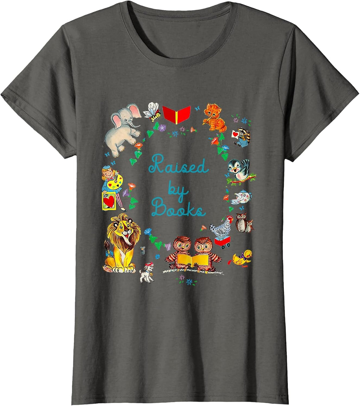 Funny Saying About Reading Raised By Books T-Shirt - Asphalt Grey