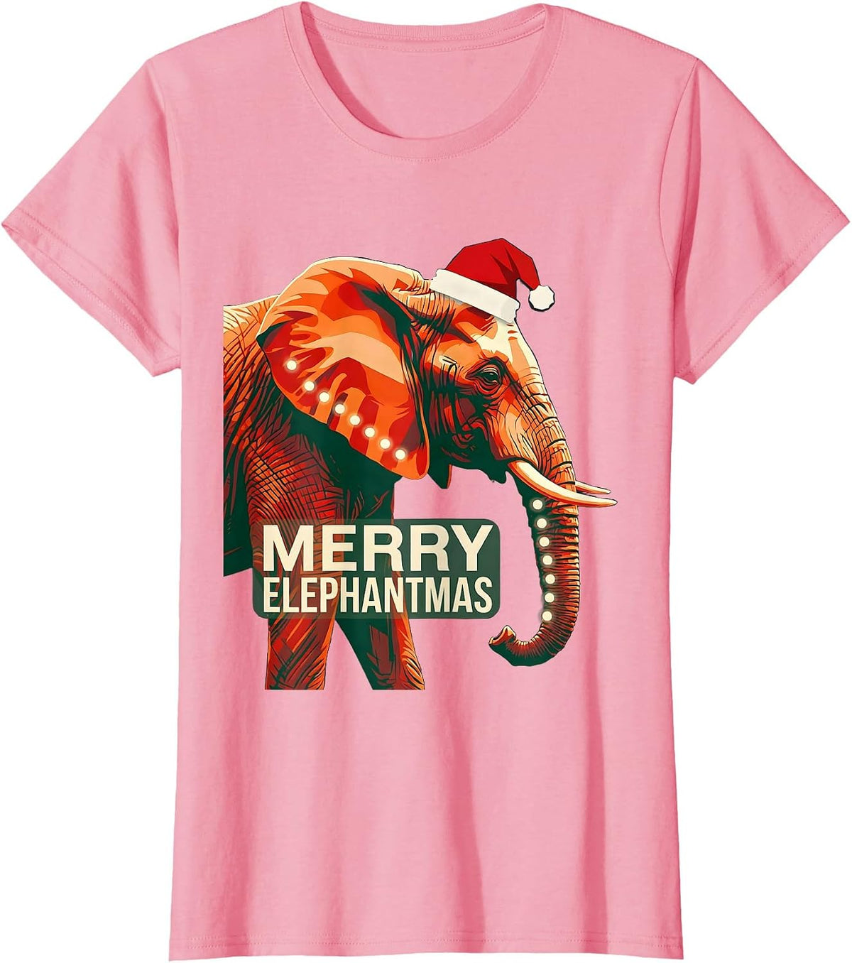Women's Merry Elephantmas Screenprint Poster Whimsical Animal Lover T-Shirt - Pink
