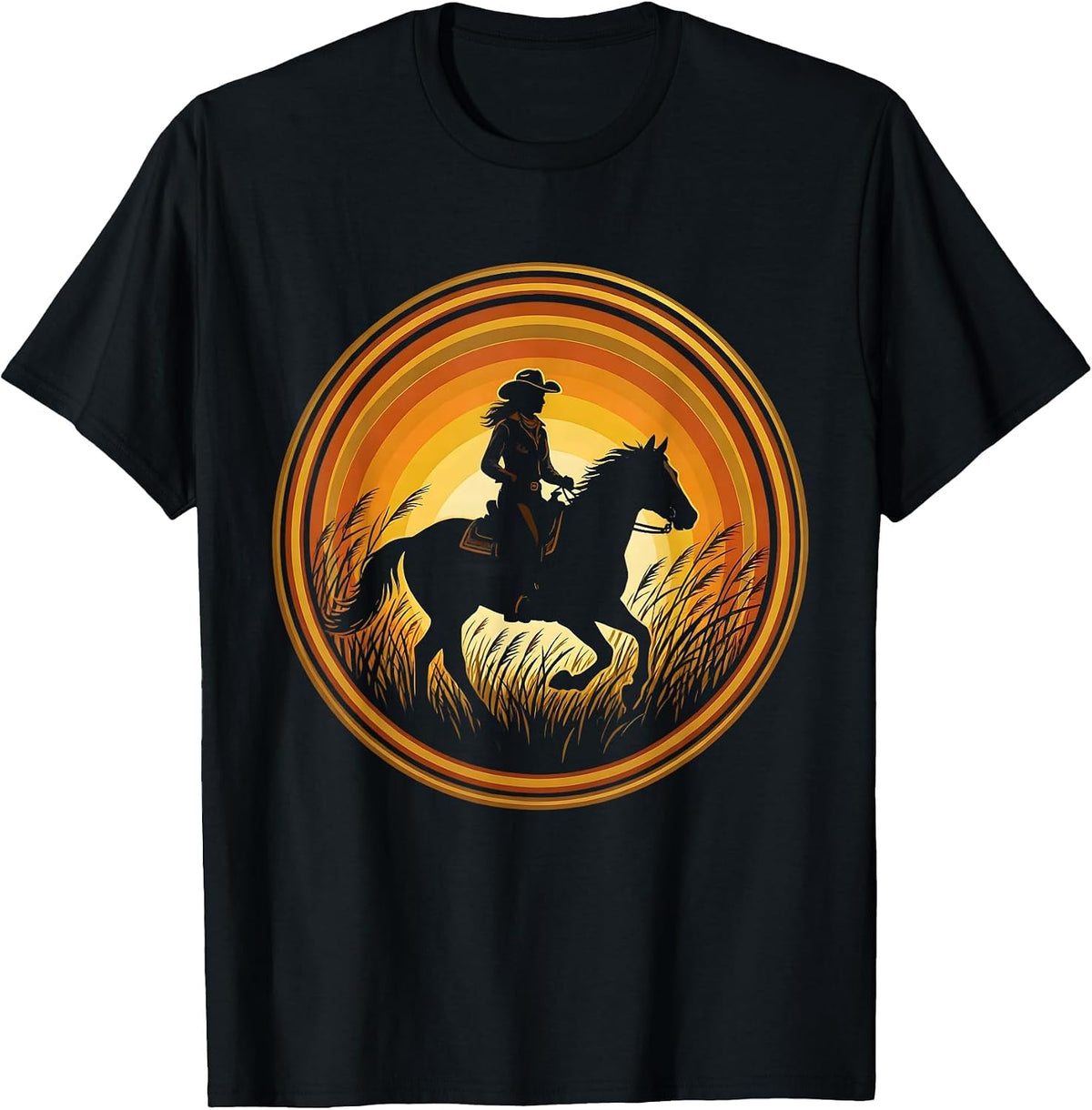 Men's Cowgirl on Horseback Golden Grass 90s Country T-Shirt - Black