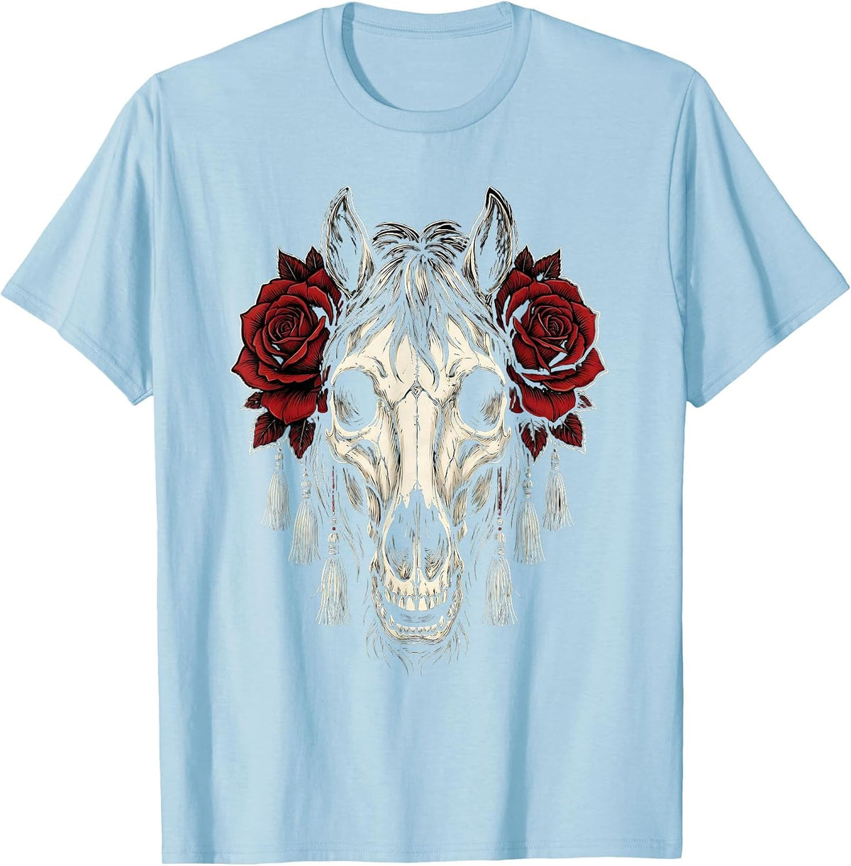 Men's Horse Skull Roses and Fringe Cowgirl Graphic T-Shirt - Baby Blue